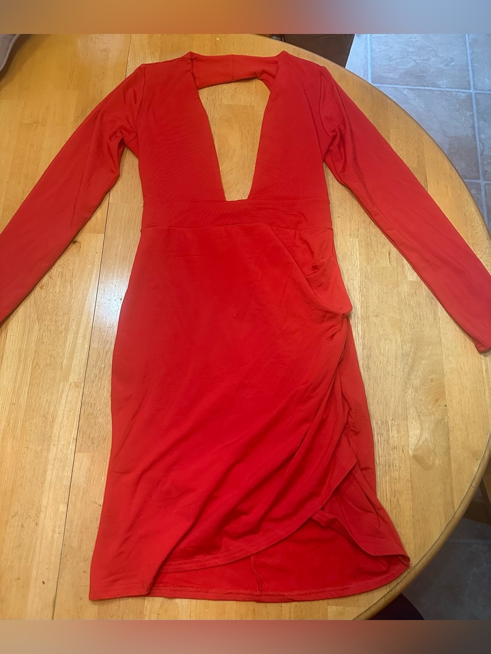 Red Long-Sleeve Plunging V-Neck Ruched Midi Dress